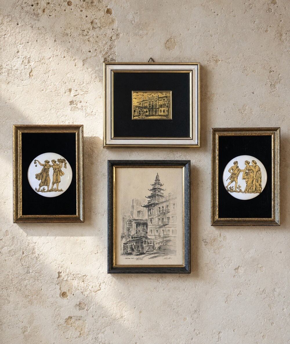Curated Vintage 4pc Gallery Wall Set Gilt Grecian Roundels + Alec Stern Sketch